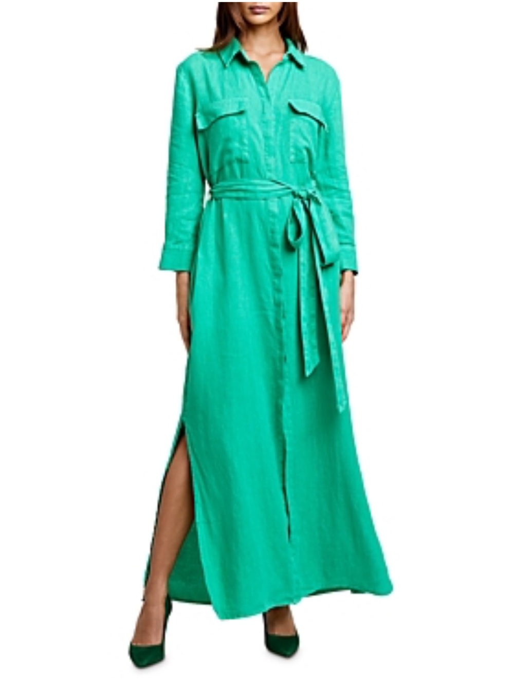 L'AGENCE Emerald Green Long Sleeve Belted Maxi Shirt Dress